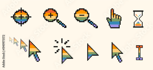 Pixel art retro computer cursor icon set in rainbow pride colors. Inclusive 8-bit nostalgic LGBTQ UI elements. Mouse pointers, hourglass, magnifying glass for digital pride events. Vector illustration