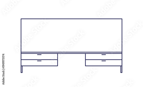Office desk, empty work table, outline contour drawing, top down view. Workplace furniture from above, overhead for interior design, floor plan. Flat vector illustration isolated on white background