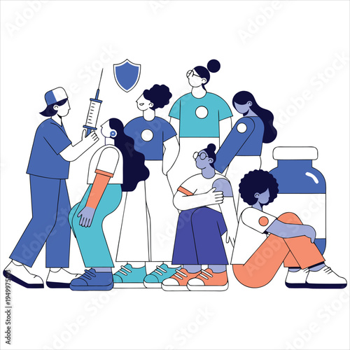 Medical professional administers vaccine to a person, surrounded by people and symbols.