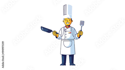 Culinary Artisan: A cheerful culinary expert, fully outfitted in traditional attire, presents culinary tools in hand, radiating a passion for culinary arts and devotion to the craft.