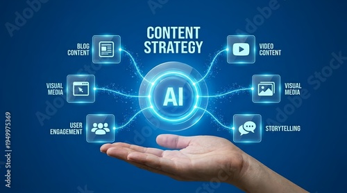 A hand presenting a glowing blue circle with AI in the center surrounded by content strategy icons on a dark blue background