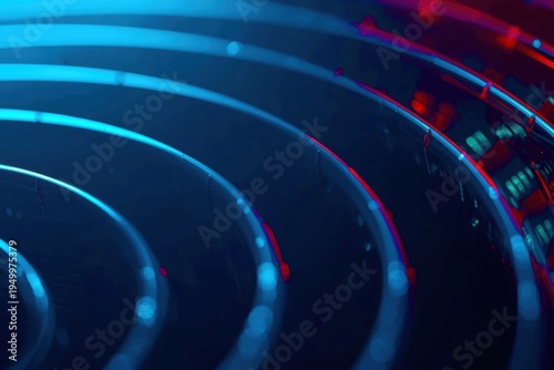 Circling lines glow with cool blue and warm red light