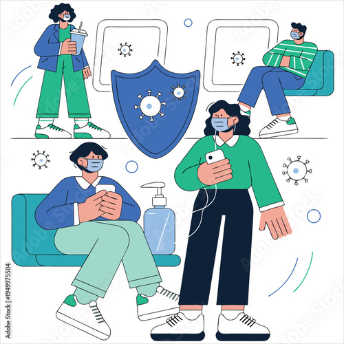 Modern flat vector illustration of people on public transport practicing virus prevention.
