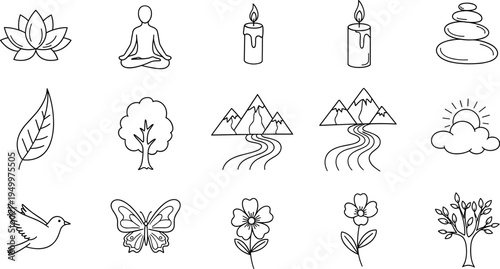 Collection of simple line art icons representing nature, wellness, and tranquility