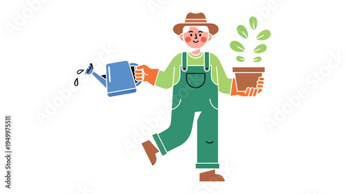 Gardener and Green: An elderly gardener, radiating joy and experience, tends to a thriving plant, nurturing it with a watering can in hand, symbolizing growth and the beauty of nature.