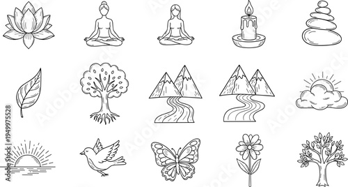 Collection of hand-drawn icons representing nature, wellness, and tranquility