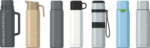 Thermos bottle collection set, insulated vacuum flasks for hot and cold drinks, travel beverage containers vector illustration
