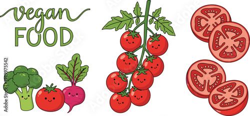 Vegan food tomato illustration set. Cute cherry tomatoes on vine, sliced tomatoes and vegetables. Organic plant based food design for healthy lifestyle and cooking themes.