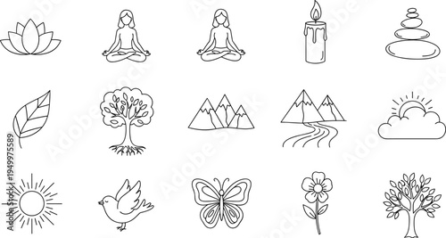Collection of simple line art icons representing nature, wellness, and tranquility