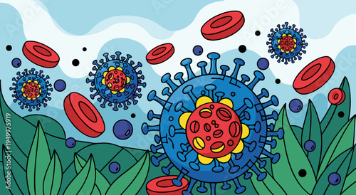 Abstract Vector Illustration of Blood Cells and Viruses in Nature