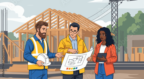 Construction project meeting diverse team of professionals discussing blueprints at a building site vector illustration