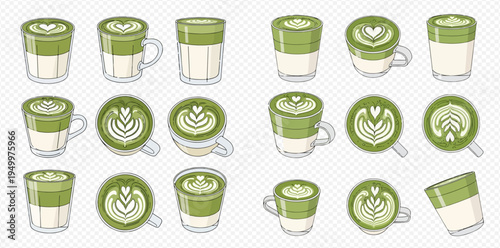Collection of various matcha latte drinks in different cups with beautiful latte art designs.