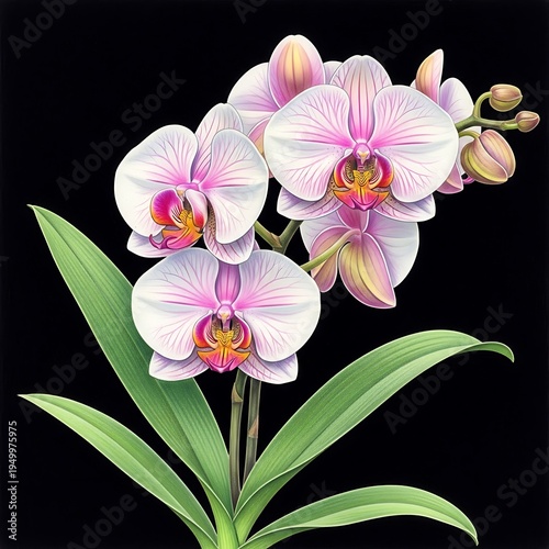 Detailed rendering displays several blooming white and pink orchid blossoms with vibrant green foliage against a stark black background