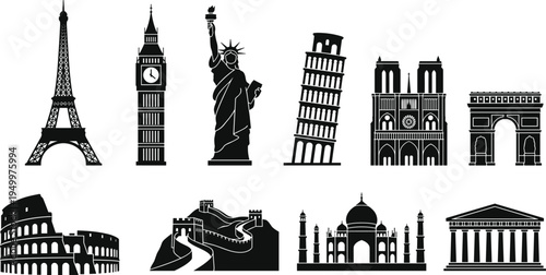 World famous landmarks silhouettes set, Eiffel Tower Big Ben Statue of Liberty Pisa Tower Taj Mahal travel monuments vector