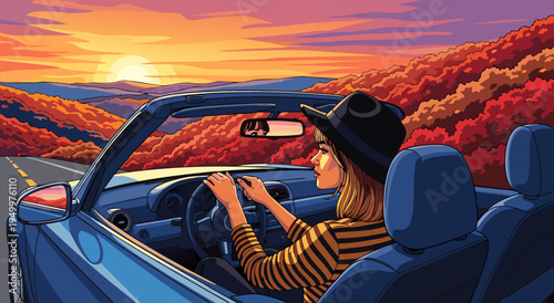 Autumn Drive A Vector Illustration of a Woman in a Convertible Enjoying a Scenic Road Trip at Sunset