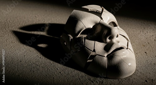 Damaged ceramic face covering lies on a textured ground under dramatic lighting