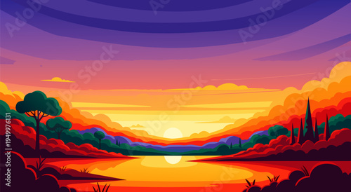 Vibrant Sunset Over a Serene Lake A Beautiful Vector Illustration of Nature's Colorful Palette