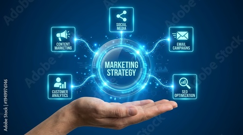A hand presenting a digital marketing strategy concept with various related icons surrounding a central glowing circle on a dark blue background