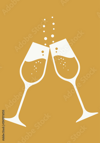 Vector illustration of two champagne glasses clinking together with bubbles and golden background