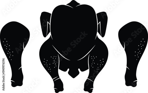 Raw whole chicken silhouette with drumsticks isolated butcher meat poultry preparation food ingredient vector illustration black shape design