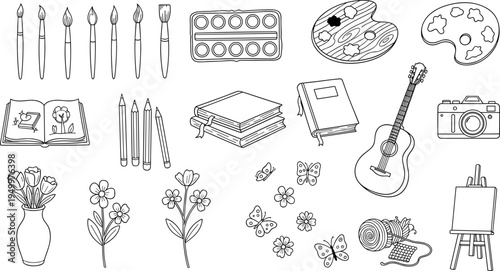 Collection of artistic and creative hobby elements in a doodle style
