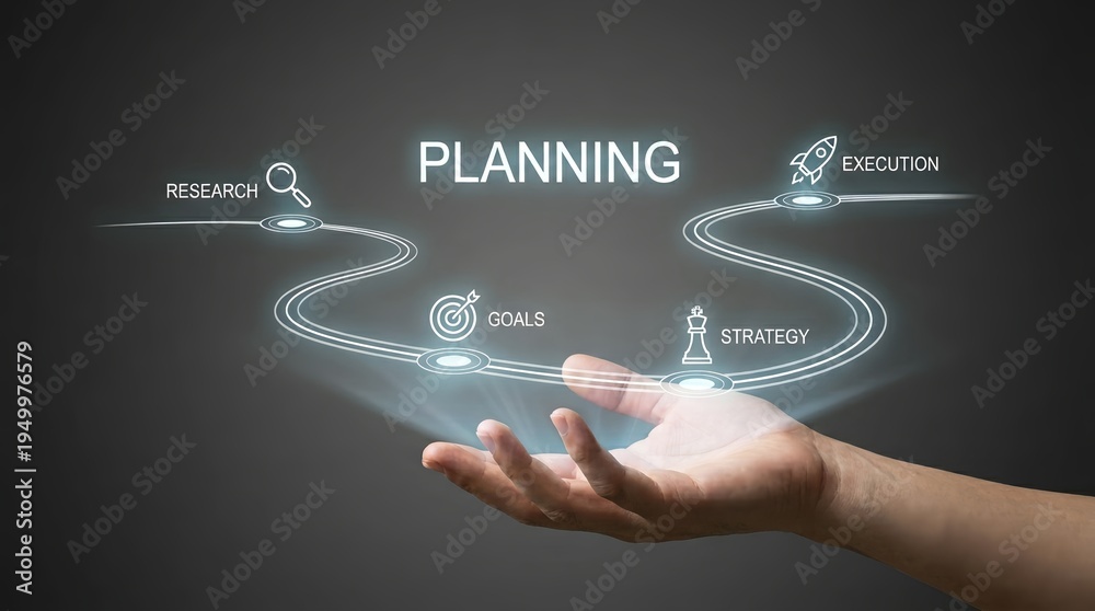 Fototapeta premium A hand holding a glowing planning roadmap with icons and keywords related to strategy and execution on a dark background