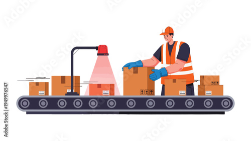 Automated Warehouse Production: An illustration depicting a worker overseeing a conveyor belt system for package delivery and automated quality control.