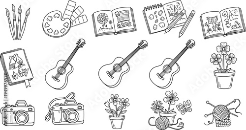 Collection of creative hobby icons including art supplies, musical instruments, and crafting tools