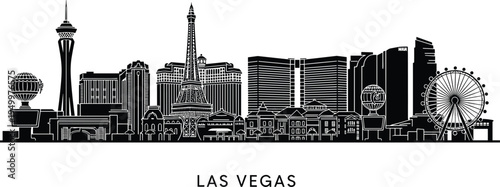 Las Vegas Skyline Silhouette Famous Landmarks Cityscape Black and White Vector Illustration USA Travel Architecture City Landmark Collection