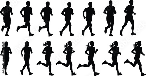 Running People Silhouettes Collection Men and Women Jogging Black and White Vector Illustration Fitness Sport Training Athlete Set