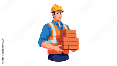 Construction Worker with Bricks: A construction worker, clad in a safety vest and helmet, carries a stack of red bricks, symbolizing the dedication and labor of building structures. 