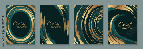 Teal green paint brush waves and frames with gold on dark background. Modern grunge luxury wedding invitation design or card templates for business or poster or greeting.