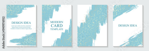Blue paint brush strokes and golden splashes on white background. Modern grunge luxury wedding invitation design or card templates for business or poster or greeting.