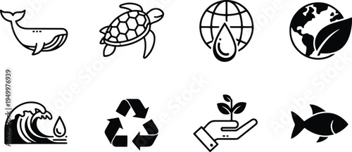 A set of vector line art silhouettes depicting eco friendly symbols and icons for conservation and sustainability