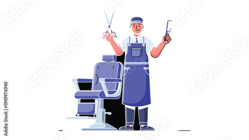 Crafting a Haircut: A skilled barber stands poised, holding scissors and a comb in a well-lit barbershop, ready to craft the perfect hairstyle.