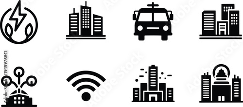 A set of vector line art silhouettes depicting urban city infrastructure and technology icons in black