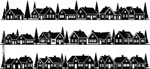 Suburban houses skyline silhouettes residential homes neighborhood vector illustration set isolated on white background town buildings architecture