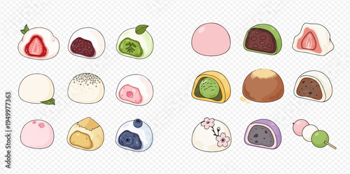 Assortment of colorful mochi desserts with various fillings and flavors, traditional Japanese sweets.