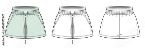 Women’s Athletic Mini Skirt Technical Fashion Illustration. Zip Front Sports Skirt with Elastic Drawstring Waist and Side Pockets Vector Template. Front and Back View Activewear CAD Mockup.