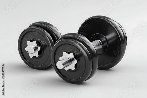 Black dumbbells with silver metal grips on white background