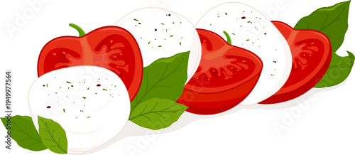 Fresh Caprese salad on a white background. Healthy vegetable salad food with red ripe tomatoes, aromatic basil leaves, mozzarella cheese, salt and black pepper. Delicious Italian cuisine menu. 