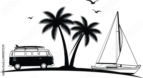 Minimalist tropical beach travel illustration with vintage camper van, palm trees, sailboat and flying birds coastal summer adventure silhouette vector