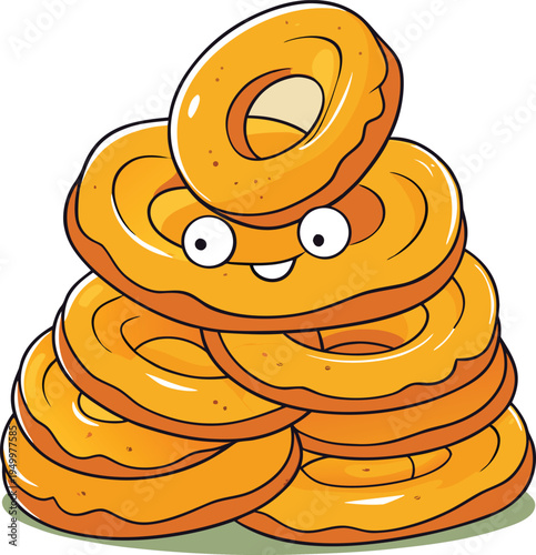 Stack of cartoon bagels with a smiling character on top