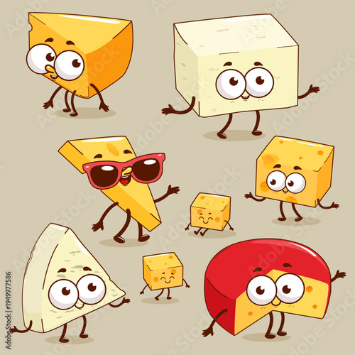 Groovy cartoon set of dairy products, cheese sliced in pieces. Funny various types of cheese characters, blue cheese, emmental, gouda, cheddar, parmesan or Swiss cheese mascot. Vector illustration