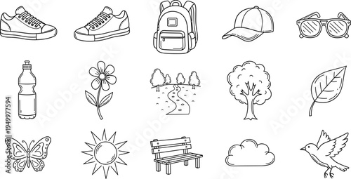 Collection of hand-drawn outdoor and nature icons for summer activities and travel