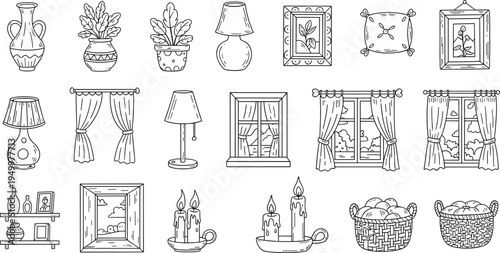 Collection of hand-drawn home decor items and windows in a doodle art style