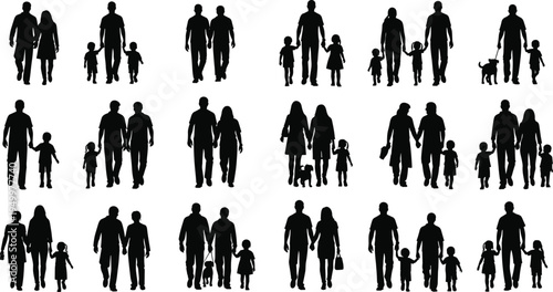 Family walking silhouettes set with parents children and pets isolated vector illustration representing love parenting lifestyle relationship and togetherness