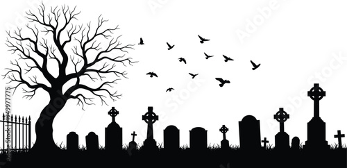 Spooky Cemetery Landscape Silhouette with Bare Tree Flying Birds and Gravestones Black and White Vector Illustration Halloween Graveyard Scene
