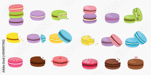 Colorful Macarons Set: Delicious French Dessert Cookies in Various Flavors and Shapes.