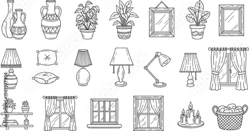 Collection of hand-drawn home decor items and furniture elements in a doodle style
